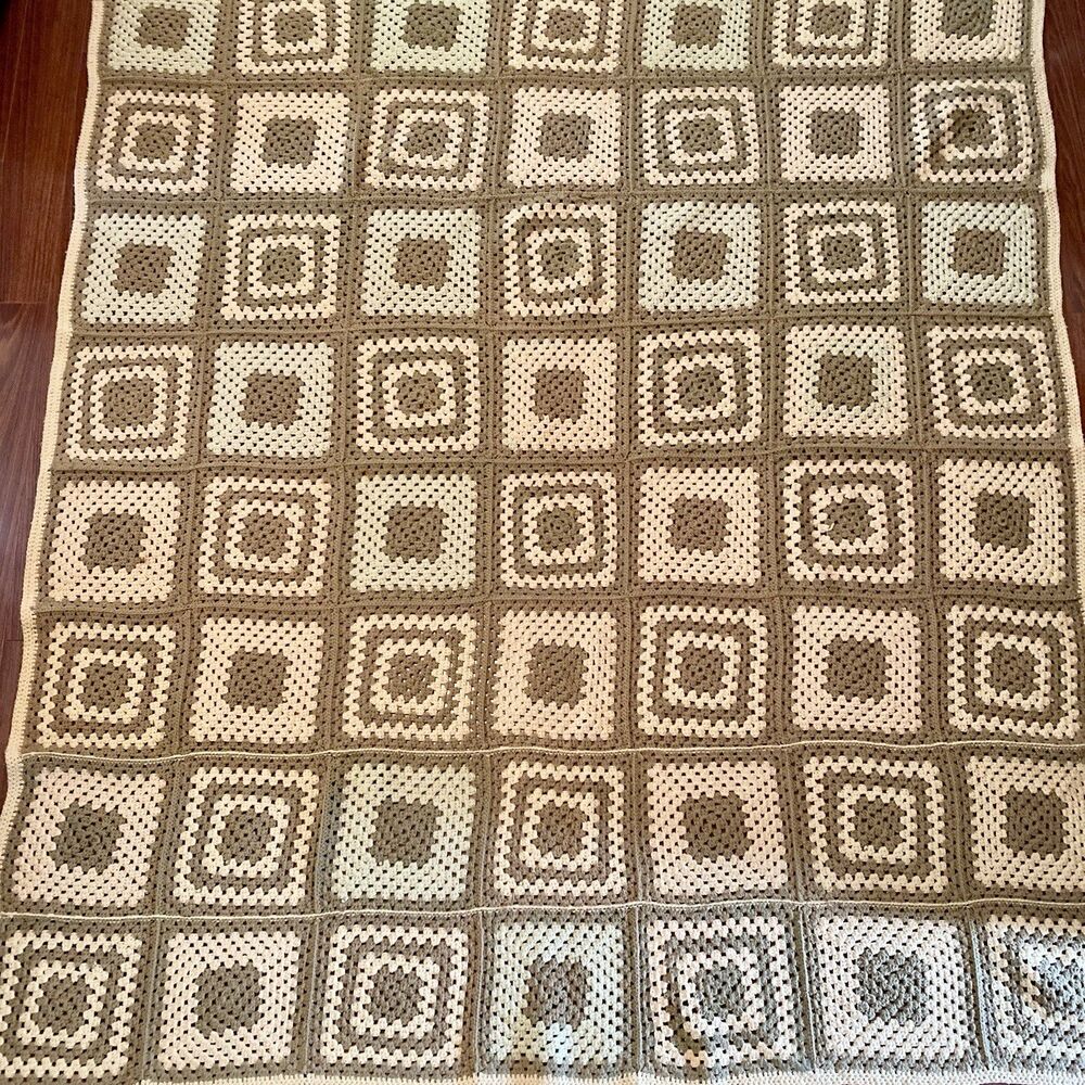 Handmade Vintage Afghan Granny Square Throw Blanket, Light green and Sage Green